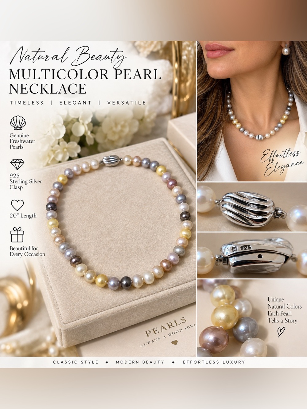Multicolor Freshwater Pearl Necklace — Cream, Gold, Pink & Gray